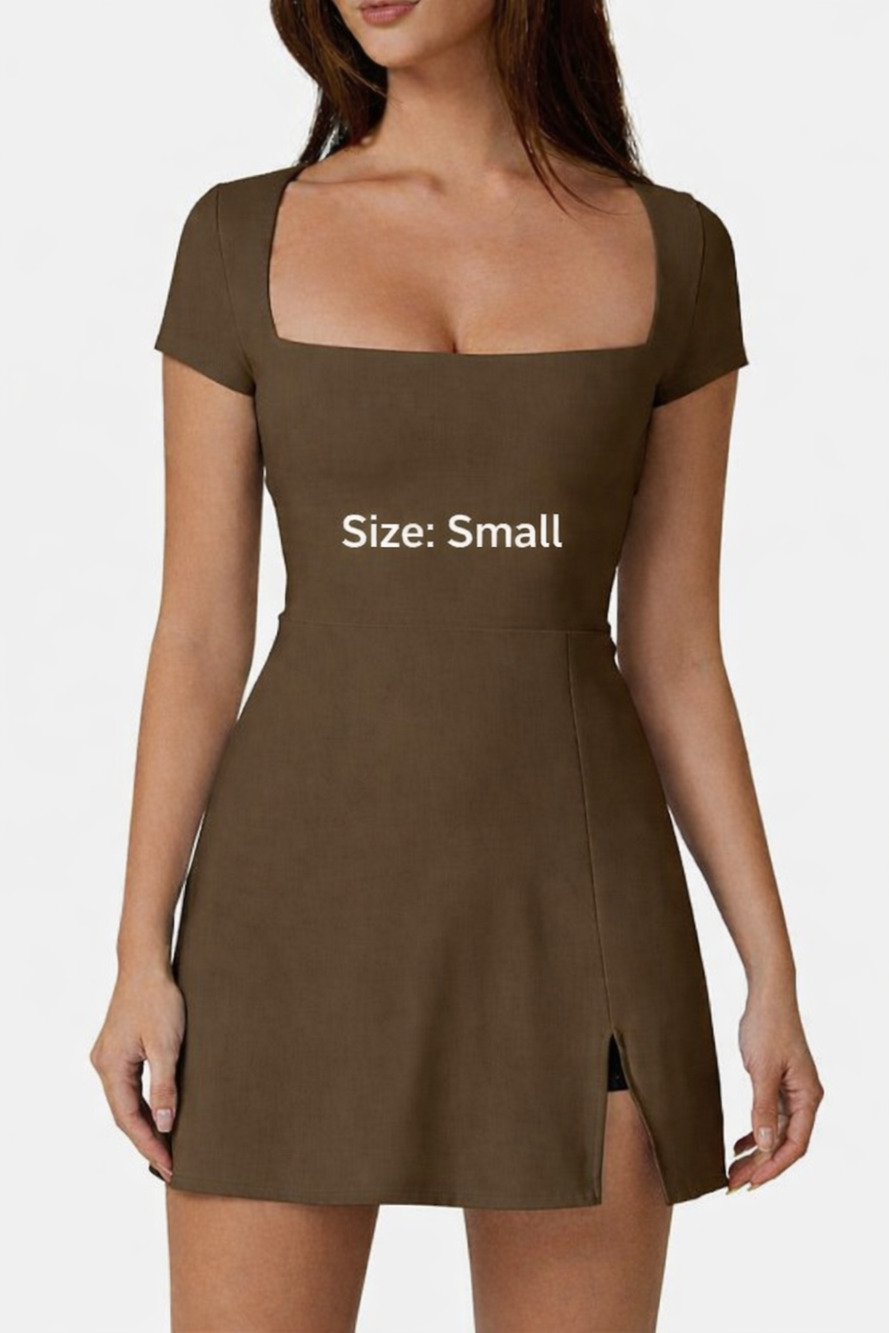 Square Neck Short Sleeve Mini Dress in Olive Brown